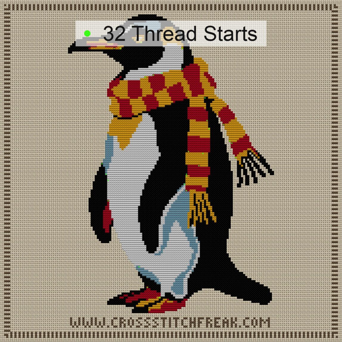 penguin-knitting-scarf cross stitch start point map with highlighted thread start positions in the full design