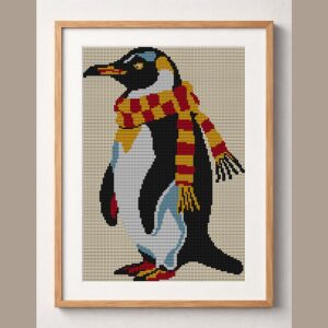penguin-knitting-scarf framed cross stitch mockup, realistic finished embroidery design, PDF pattern digital download