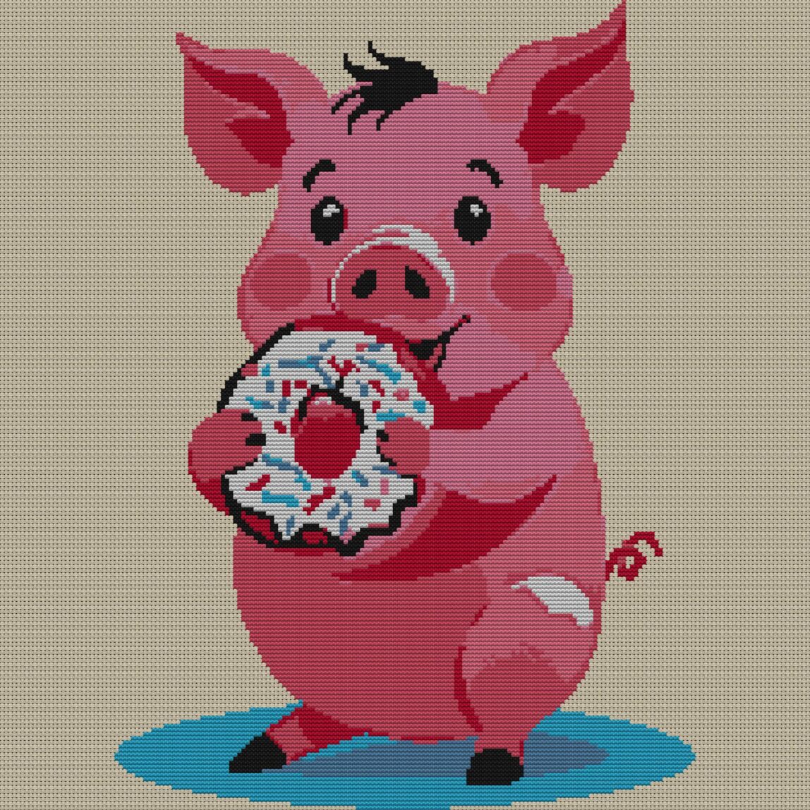 pig-eating-donut full cross stitch design mockup without frame, realistic embroidery preview