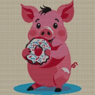 pig-eating-donut full cross stitch design mockup without frame, realistic embroidery preview