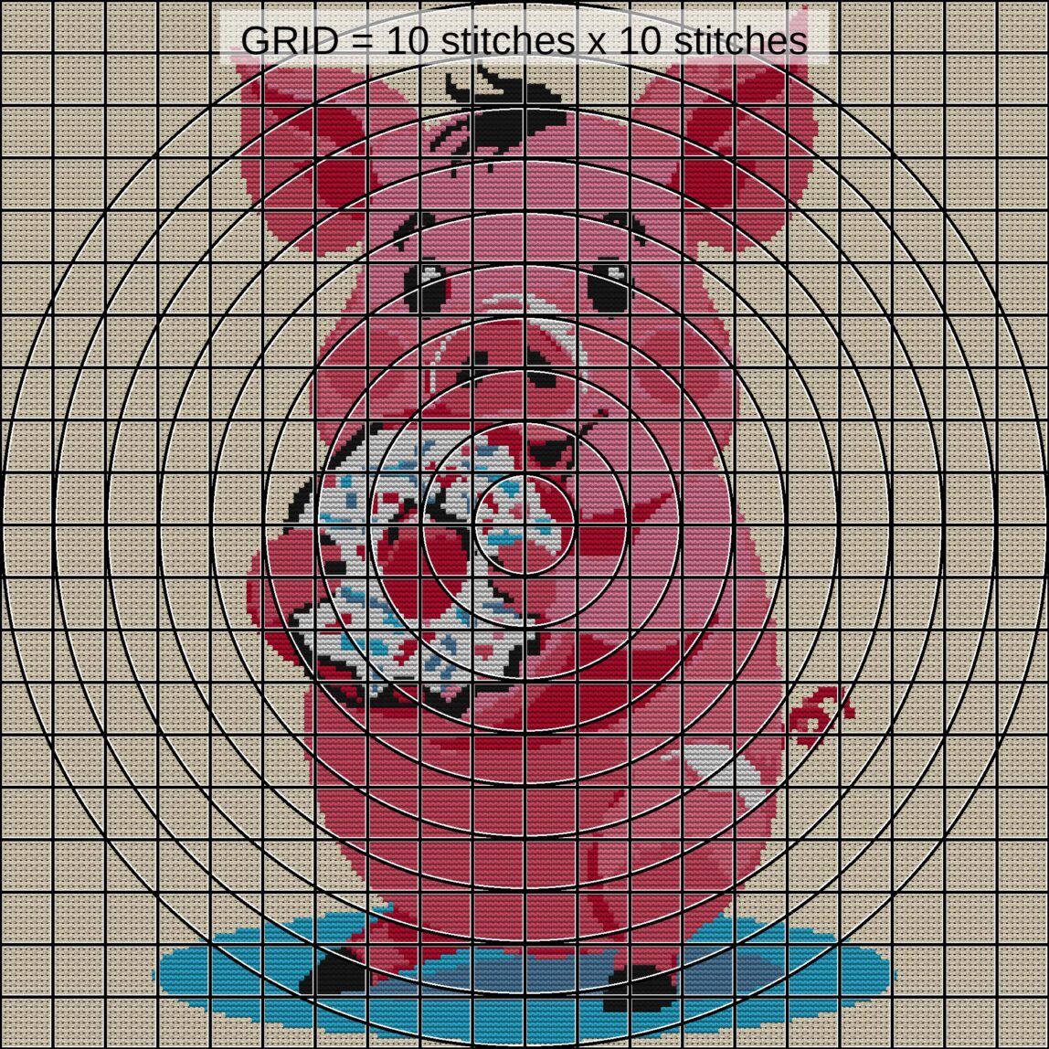 pig-eating-donut close-up cross stitch detail showing color changes, confetti areas and stitch texture