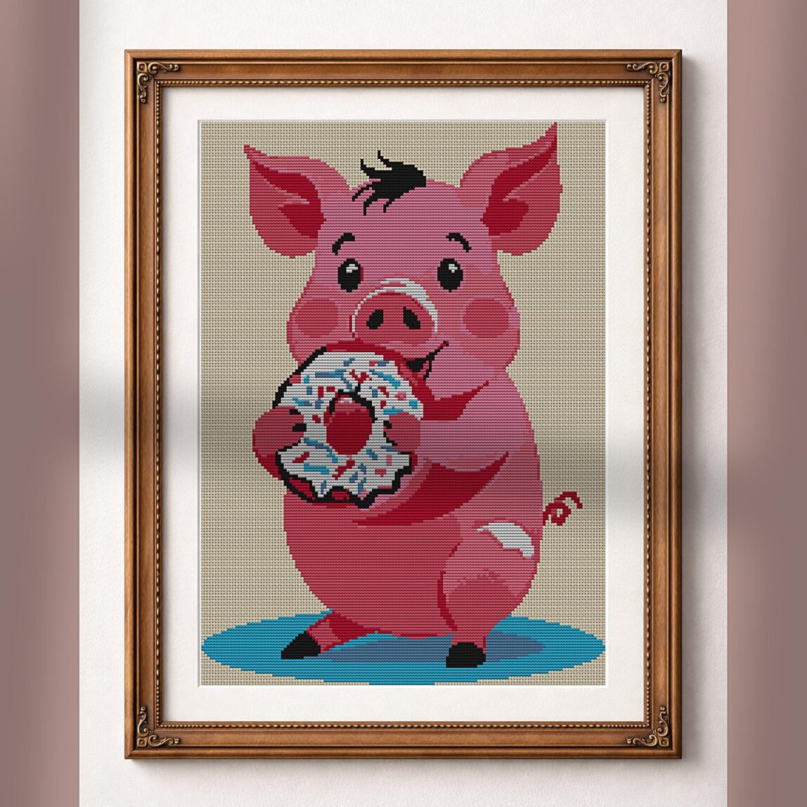 pig-eating-donut alternative framed cross stitch mockup, realistic finished embroidery presentation