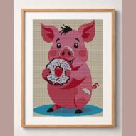 pig-eating-donut framed cross stitch mockup, realistic finished embroidery design, PDF pattern digital download