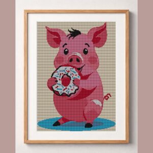 pig-eating-donut framed cross stitch mockup, realistic finished embroidery design, PDF pattern digital download