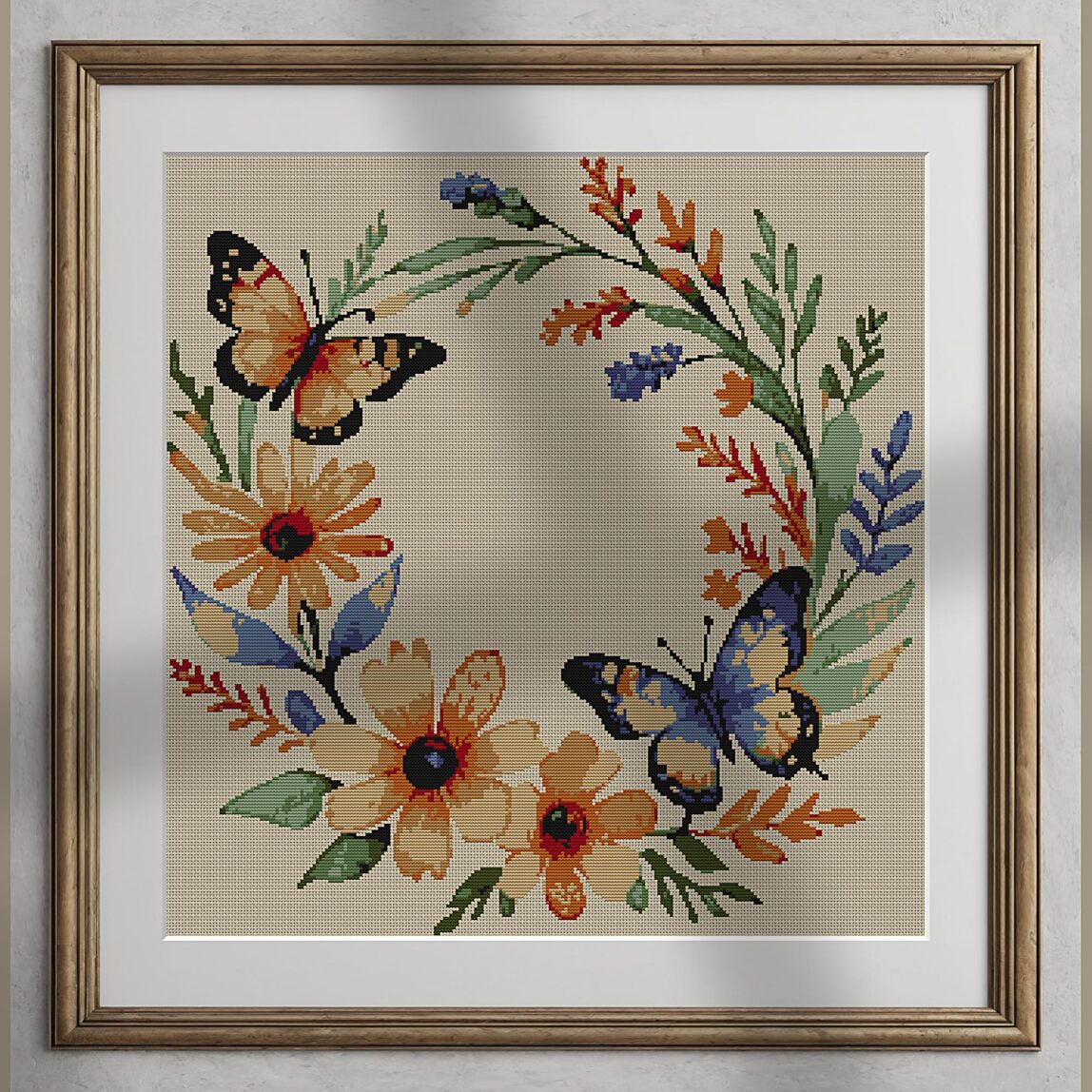 wildflower-wreath alternative framed cross stitch mockup, realistic finished embroidery presentation