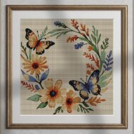 wildflower-wreath alternative framed cross stitch mockup, realistic finished embroidery presentation