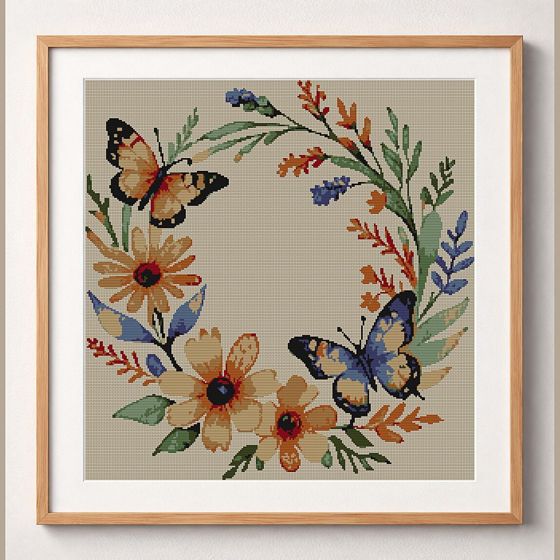 wildflower-wreath framed cross stitch mockup, realistic finished embroidery design, PDF pattern digital download