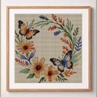 wildflower-wreath framed cross stitch mockup, realistic finished embroidery design, PDF pattern digital download