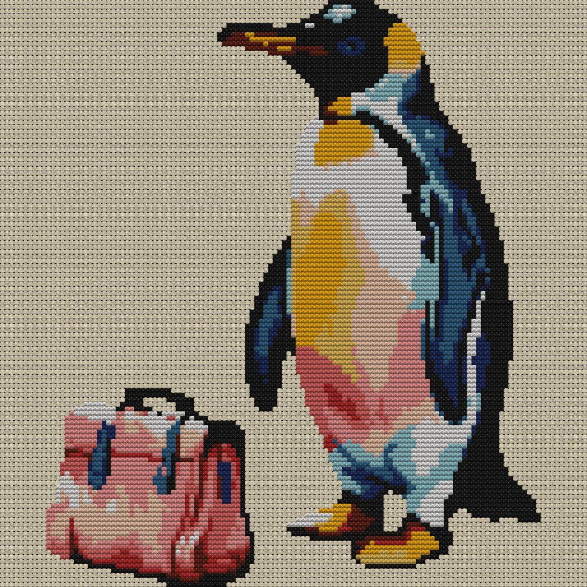 penguin-with-briefcase full design mockup without frame penguin-with-briefcase full cross stitch design mockup without frame, realistic embroidery preview