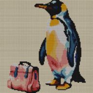 penguin-with-briefcase full cross stitch design mockup without frame, realistic embroidery preview