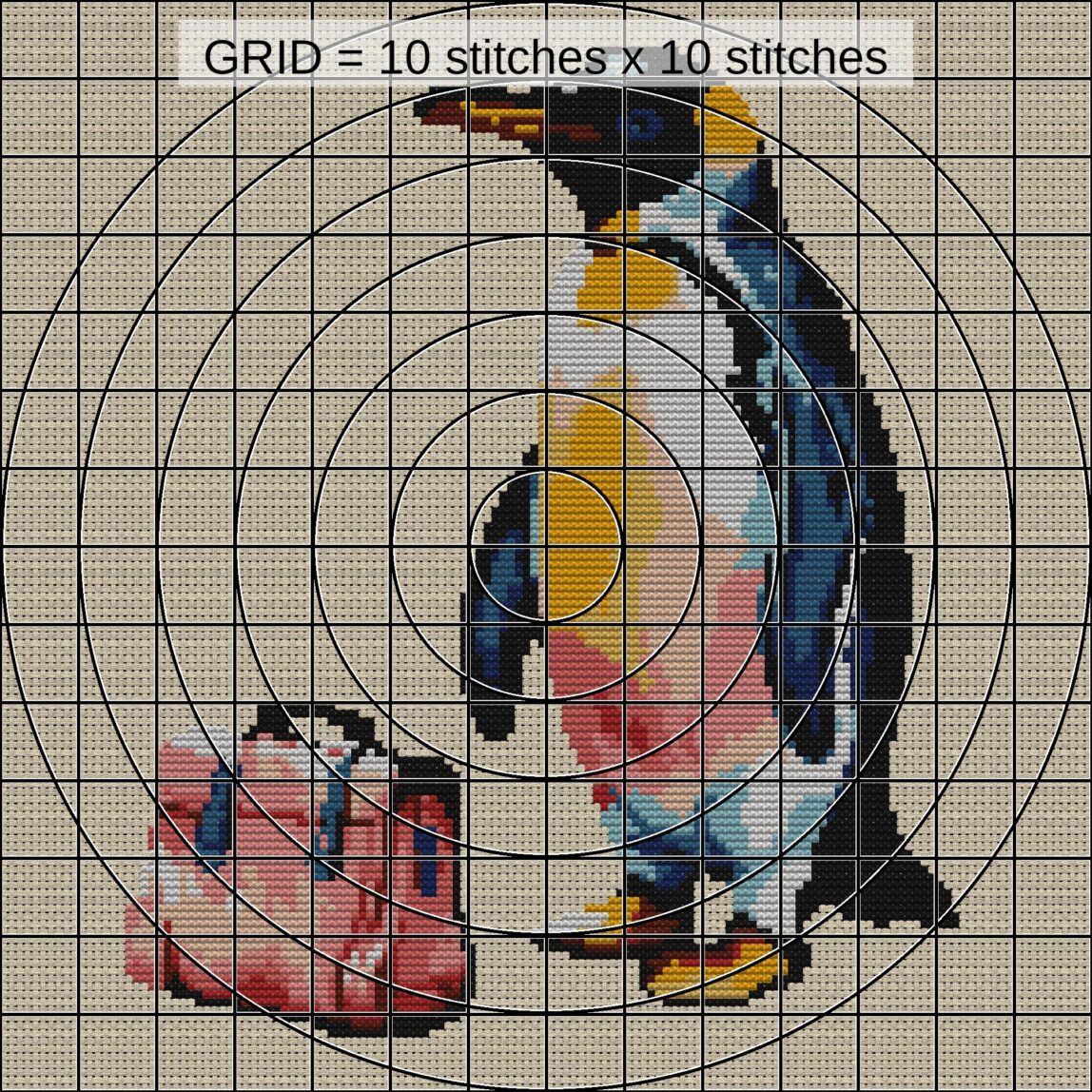 penguin-with-briefcase zoomed stitching detail penguin-with-briefcase close-up cross stitch detail showing color changes, confetti areas and stitch texture