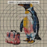penguin-with-briefcase close-up cross stitch detail showing color changes, confetti areas and stitch texture