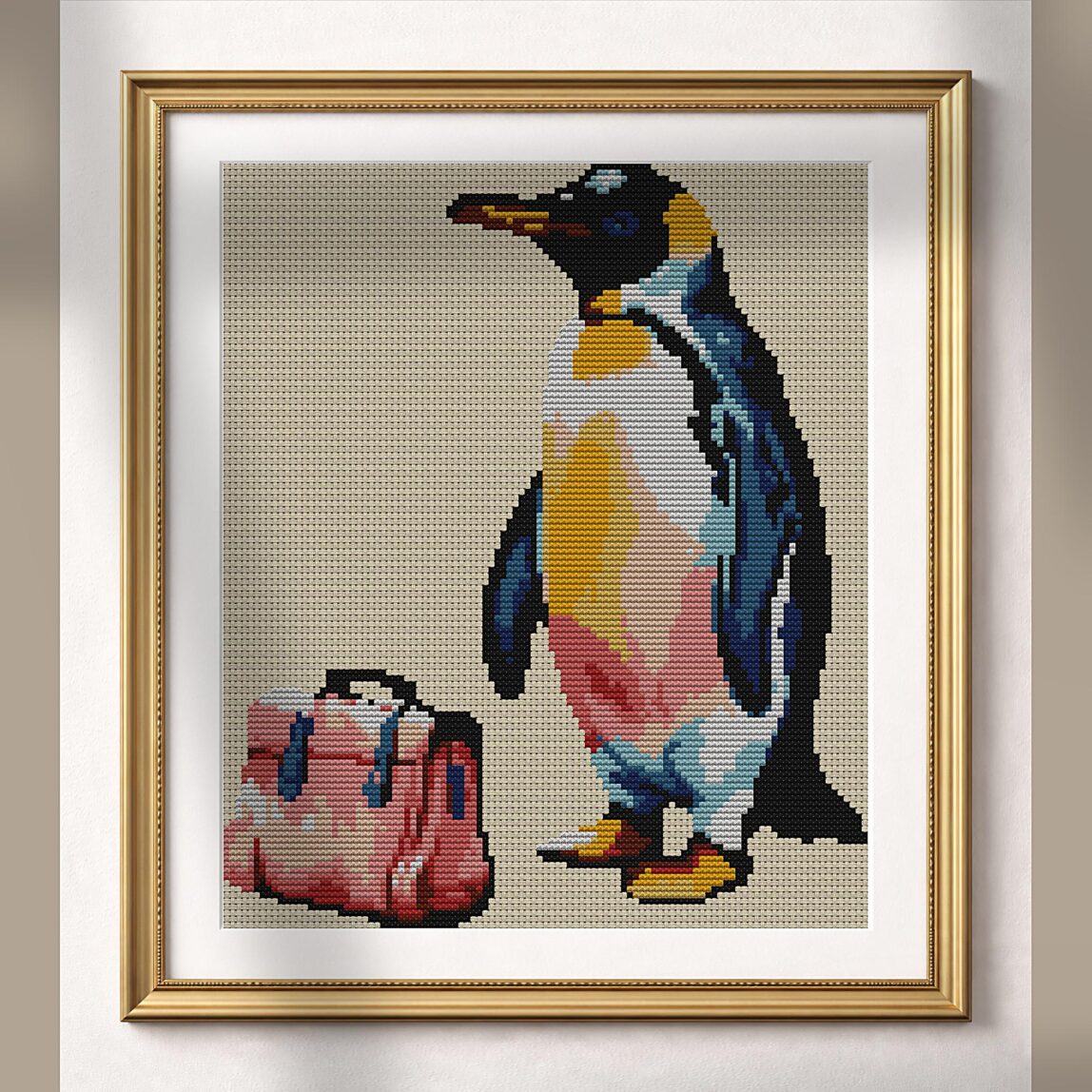 penguin-with-briefcase alternative framed mockup penguin-with-briefcase alternative framed cross stitch mockup, realistic finished embroidery presentation