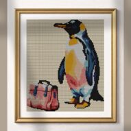penguin-with-briefcase alternative framed cross stitch mockup, realistic finished embroidery presentation