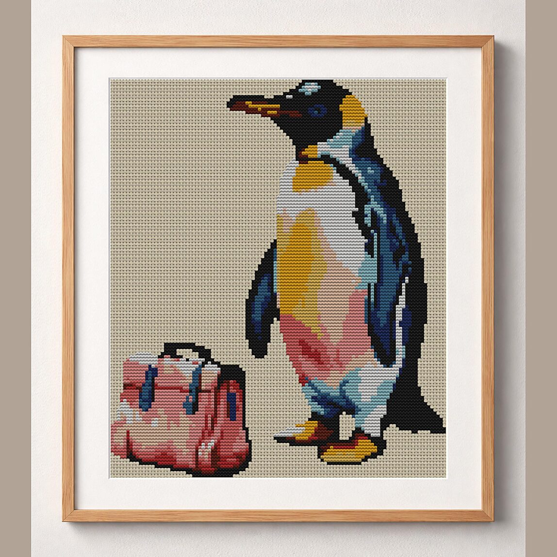 penguin-with-briefcase framed cross stitch mockup penguin-with-briefcase framed cross stitch mockup, realistic finished embroidery design, PDF pattern digital download