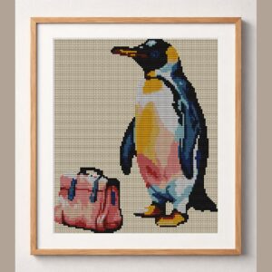 penguin-with-briefcase framed cross stitch mockup, realistic finished embroidery design, PDF pattern digital download