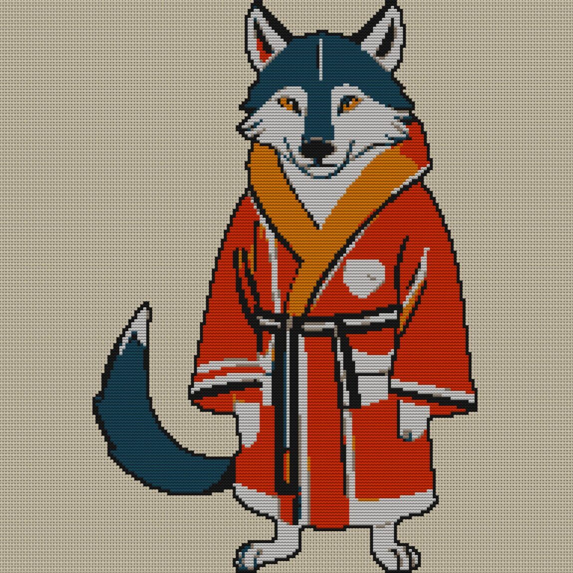 wolf-in-bathrobe full cross stitch design mockup without frame, realistic embroidery preview