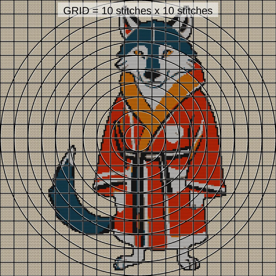 wolf-in-bathrobe close-up cross stitch detail showing color changes, confetti areas and stitch texture