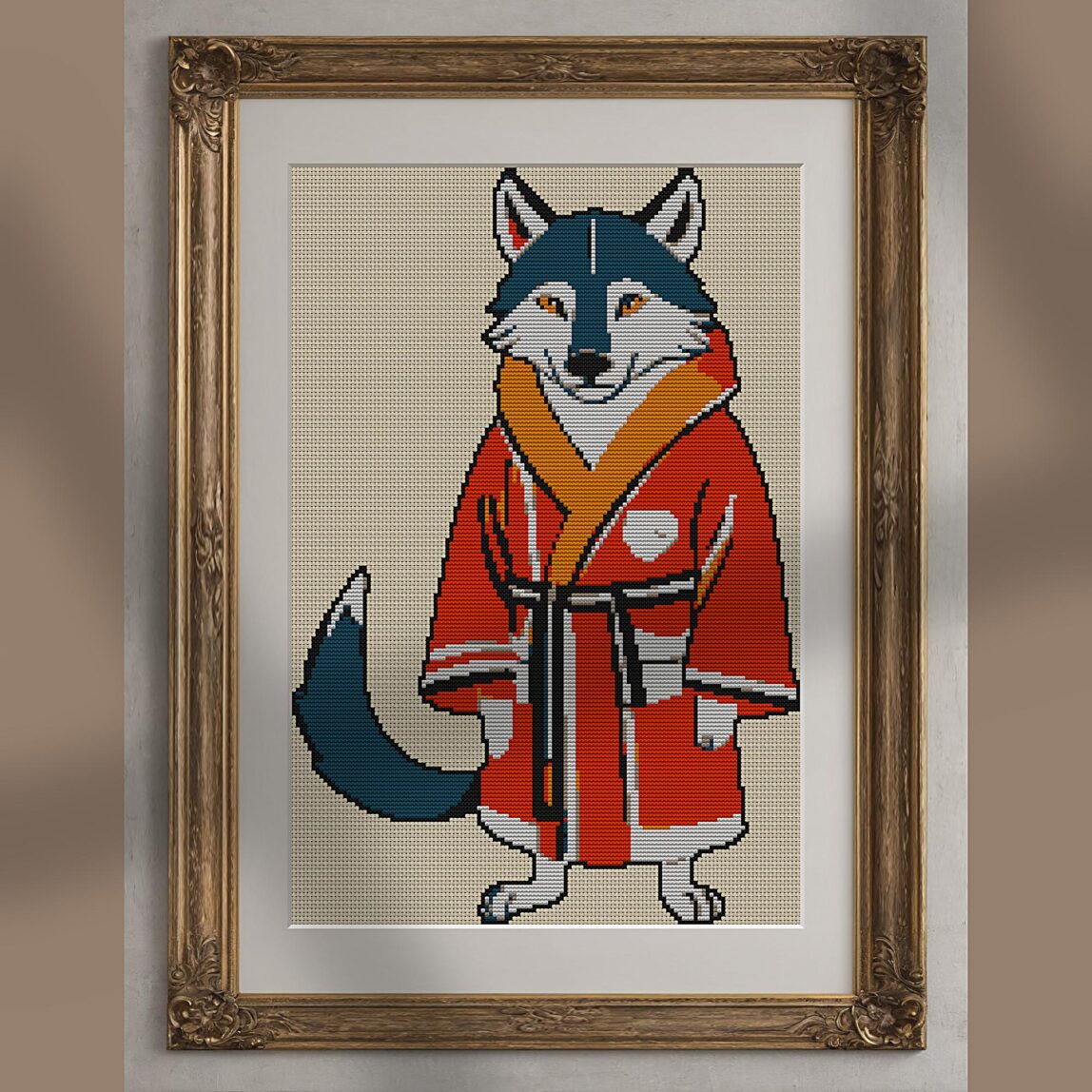 wolf-in-bathrobe alternative framed cross stitch mockup, realistic finished embroidery presentation
