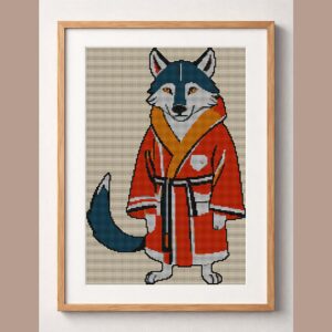wolf-in-bathrobe framed cross stitch mockup, realistic finished embroidery design, PDF pattern digital download