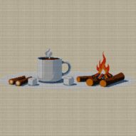 campfire full cross stitch design mockup without frame, realistic embroidery preview