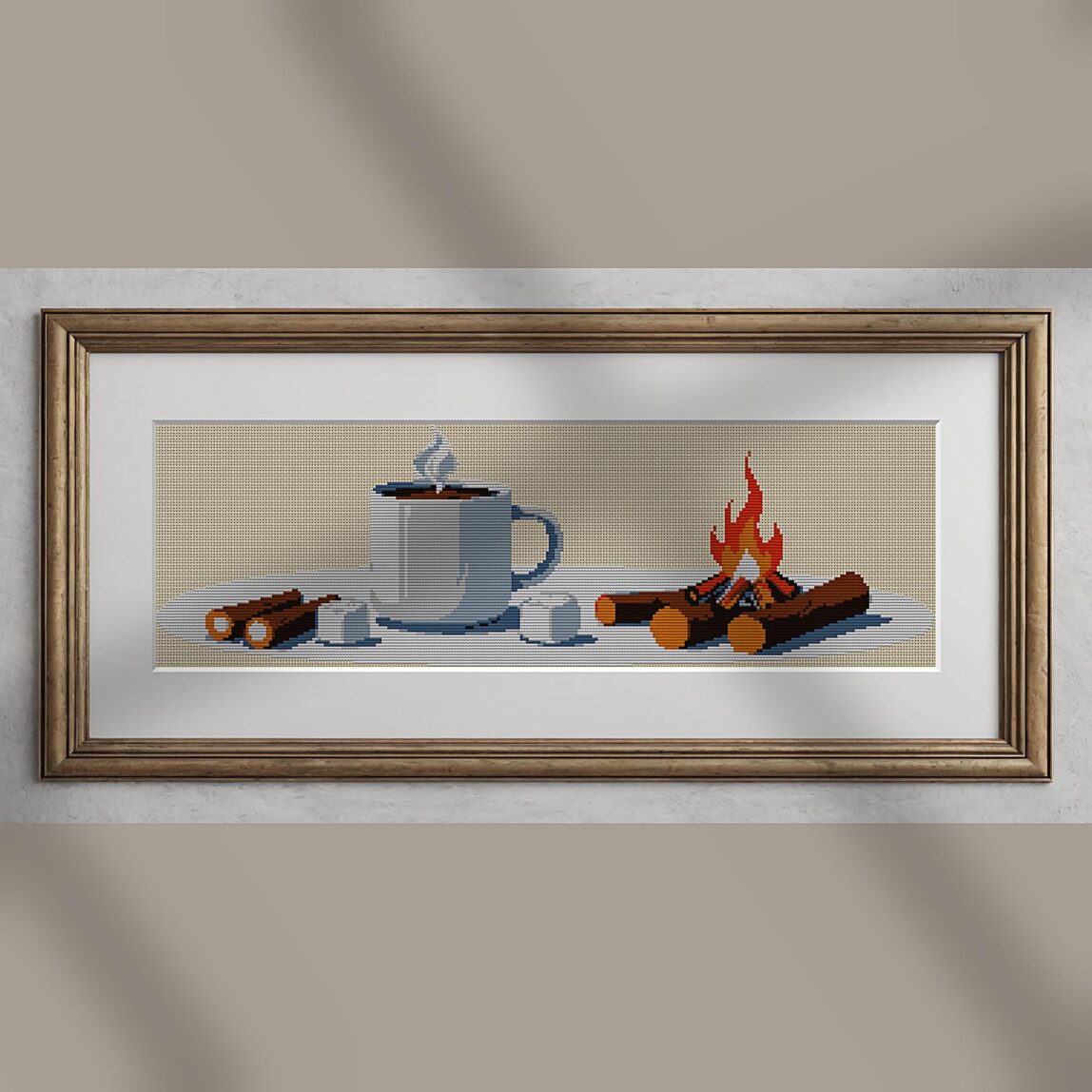 campfire alternative framed cross stitch mockup, realistic finished embroidery presentation