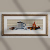 campfire alternative framed cross stitch mockup, realistic finished embroidery presentation