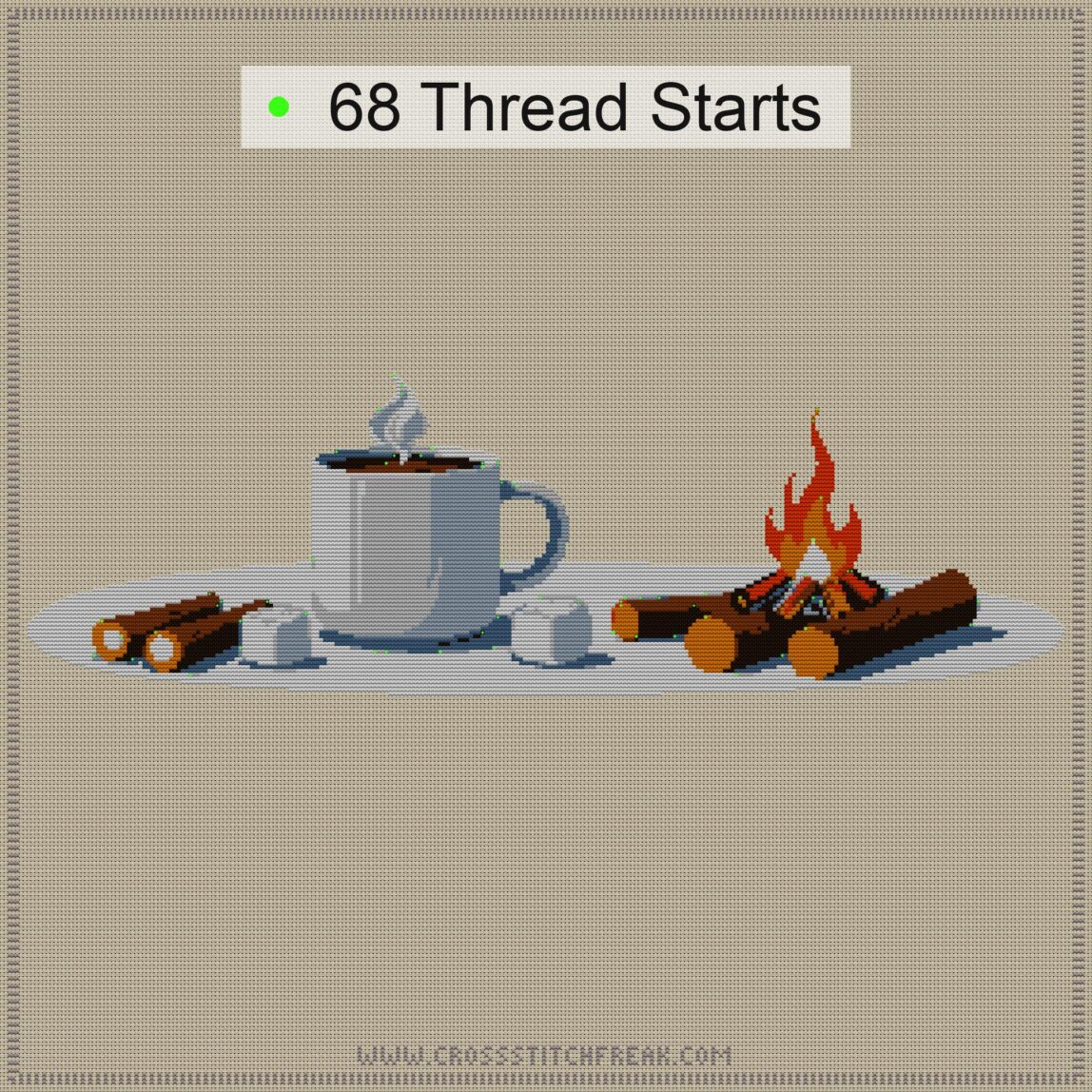 campfire cross stitch start point map with highlighted thread start positions in the full design