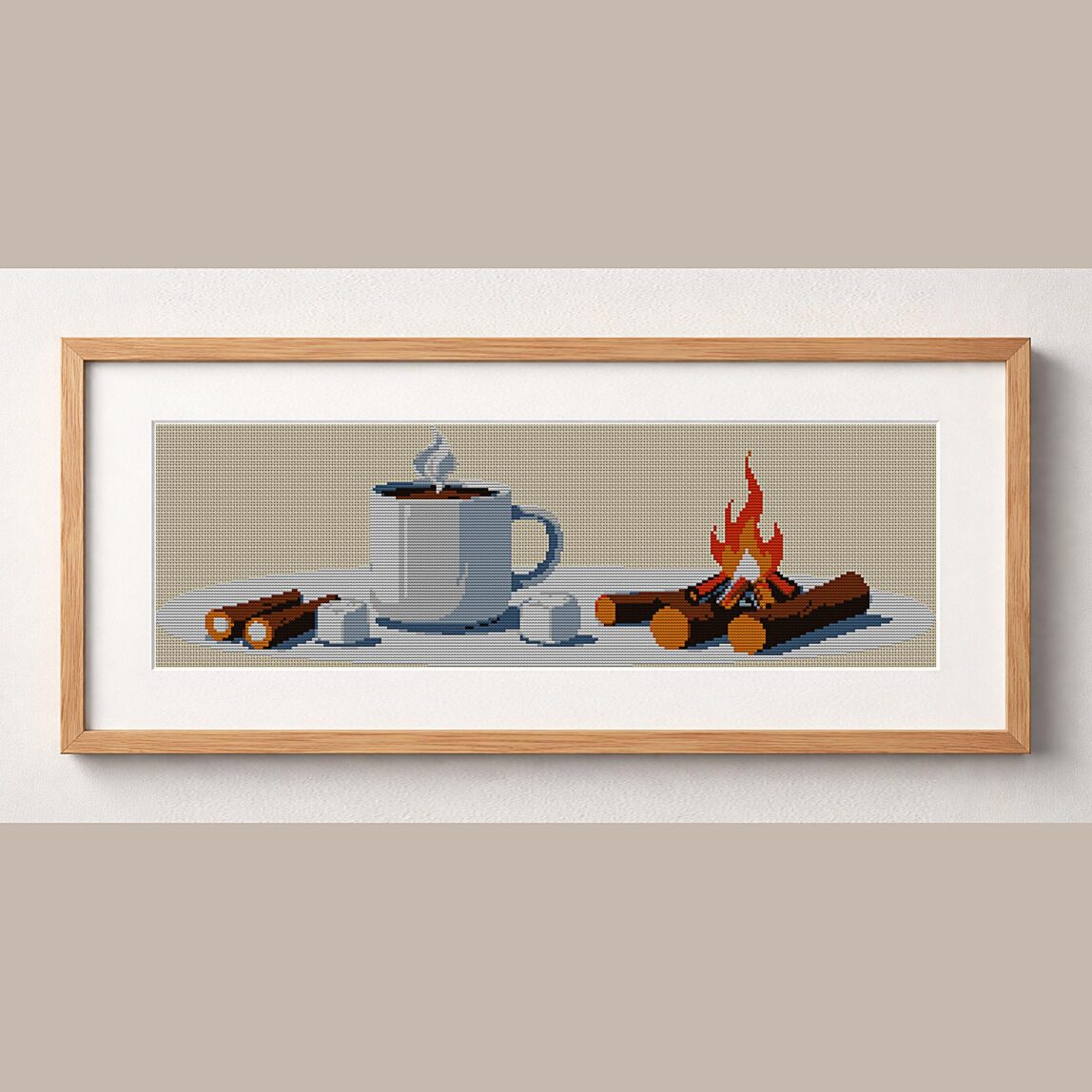 campfire framed cross stitch mockup, realistic finished embroidery design, PDF pattern digital download