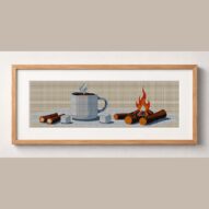 campfire framed cross stitch mockup, realistic finished embroidery design, PDF pattern digital download