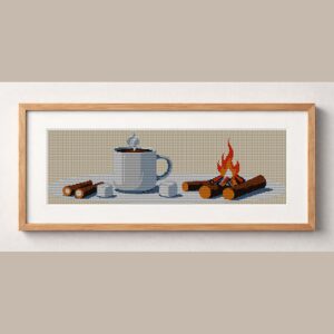 campfire framed cross stitch mockup, realistic finished embroidery design, PDF pattern digital download
