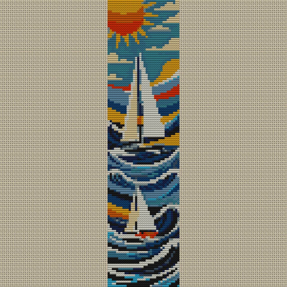 sailboat full cross stitch design mockup without frame, realistic embroidery preview