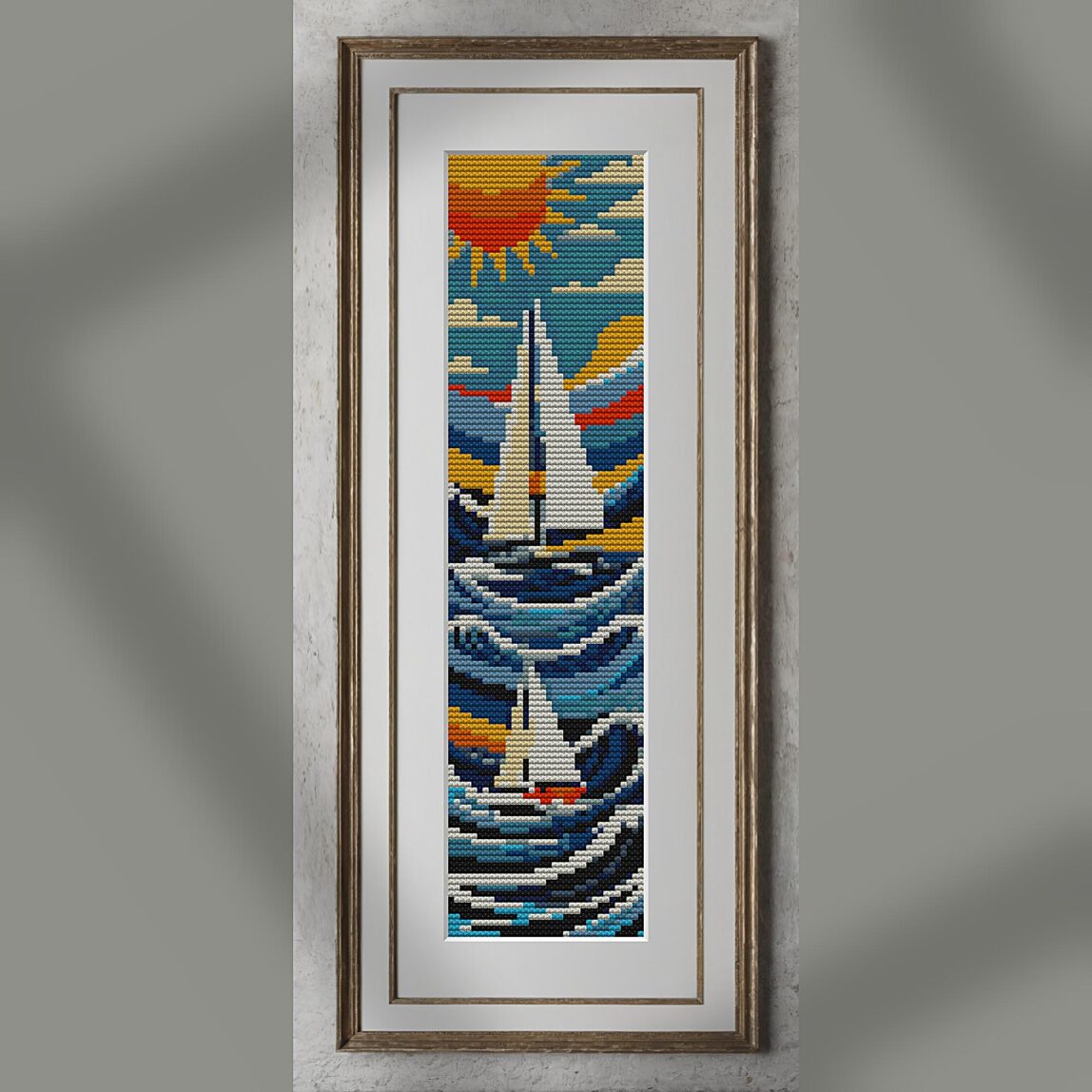 sailboat alternative framed cross stitch mockup, realistic finished embroidery presentation