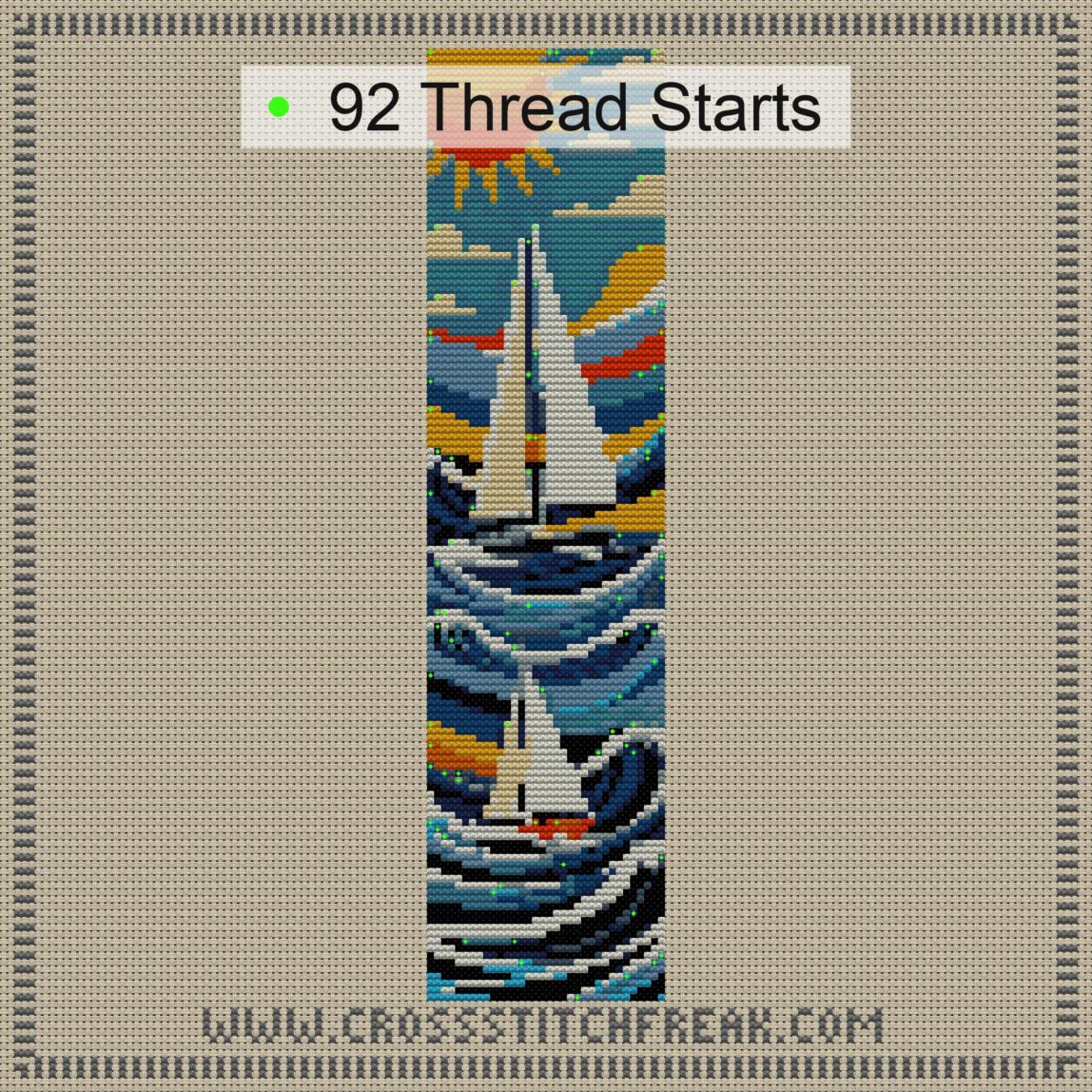 sailboat cross stitch start point map with highlighted thread start positions in the full design