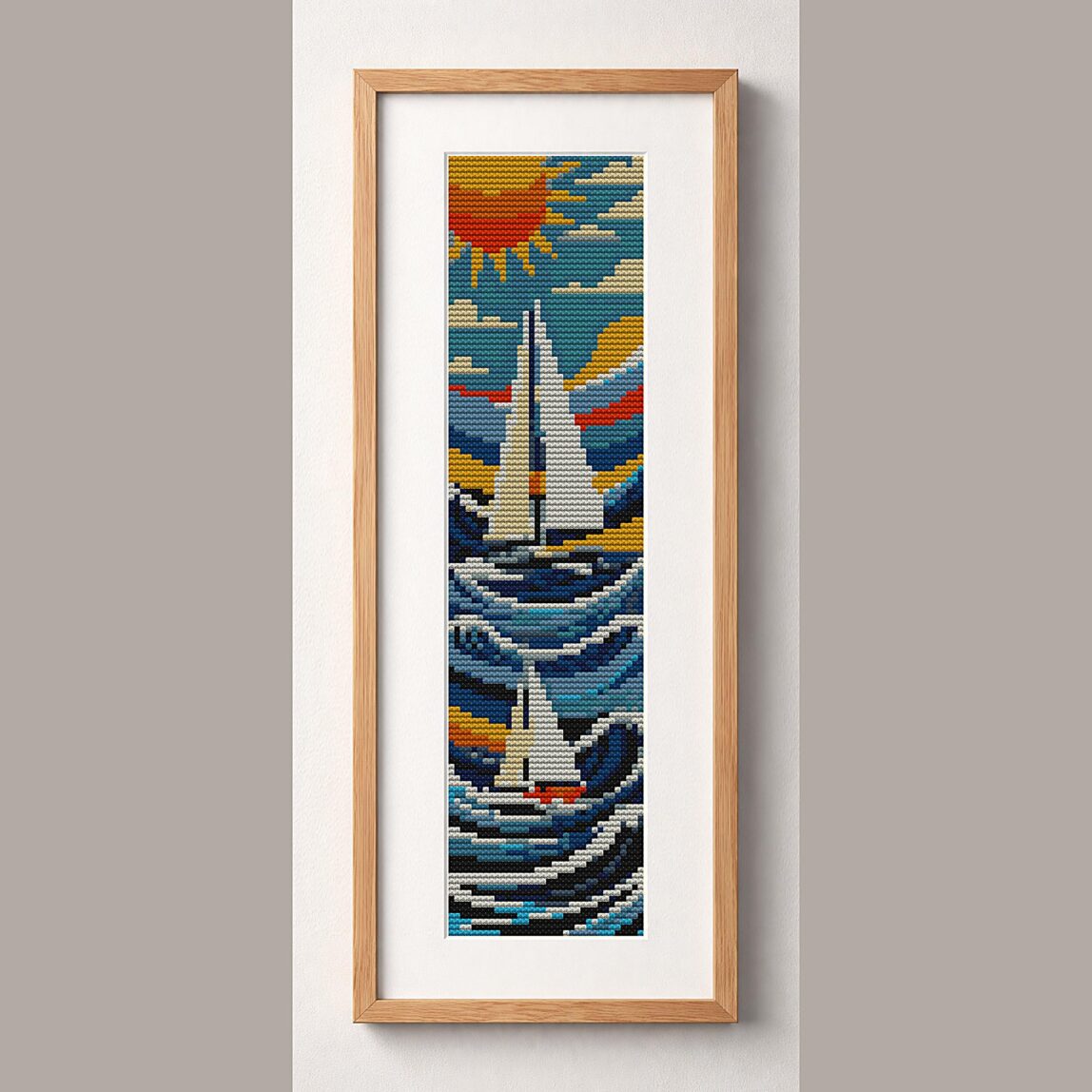 sailboat framed cross stitch mockup, realistic finished embroidery design, PDF pattern digital download