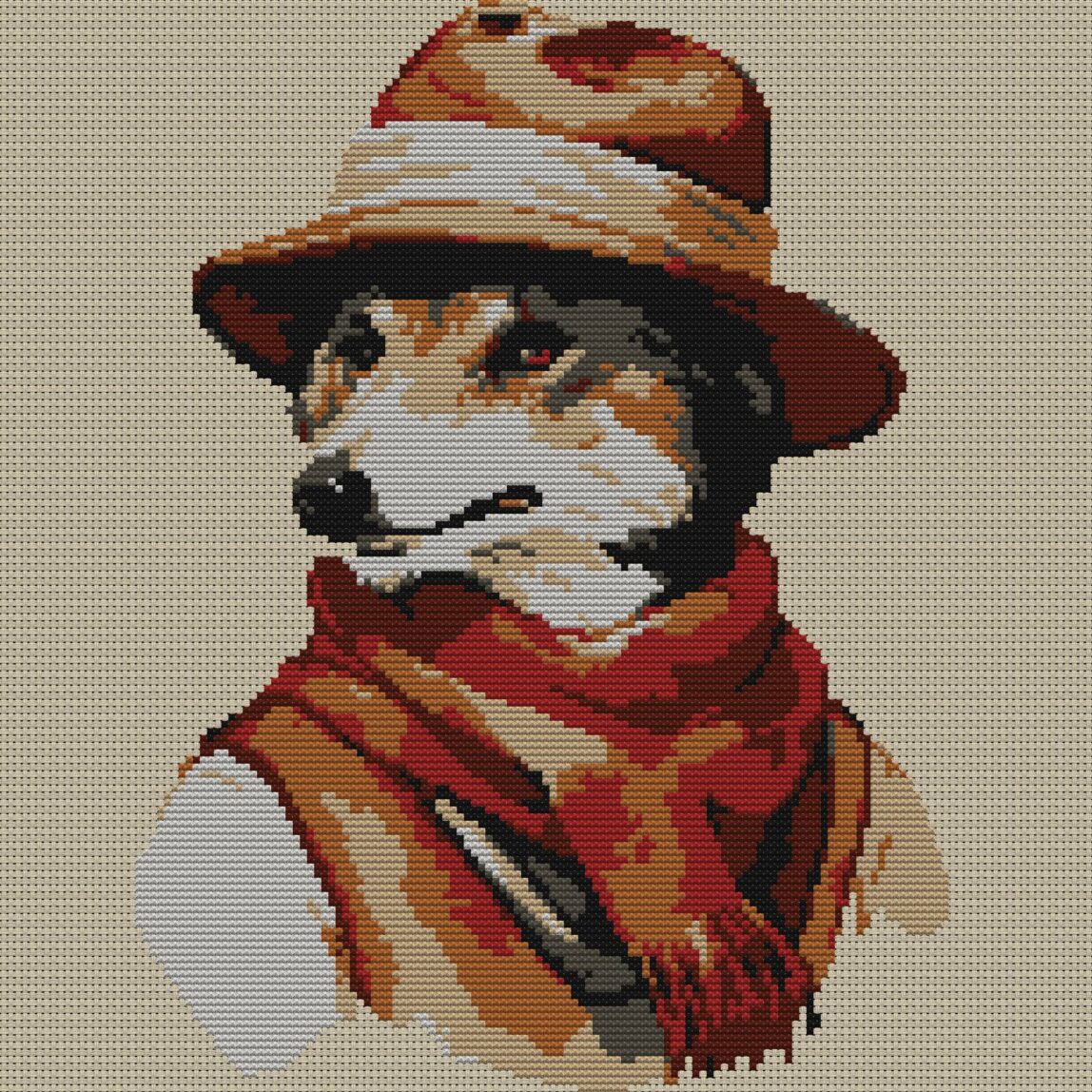 adventurer-wolf-portrait full design mockup without frame adventurer-wolf-portrait full cross stitch design mockup without frame, realistic embroidery preview