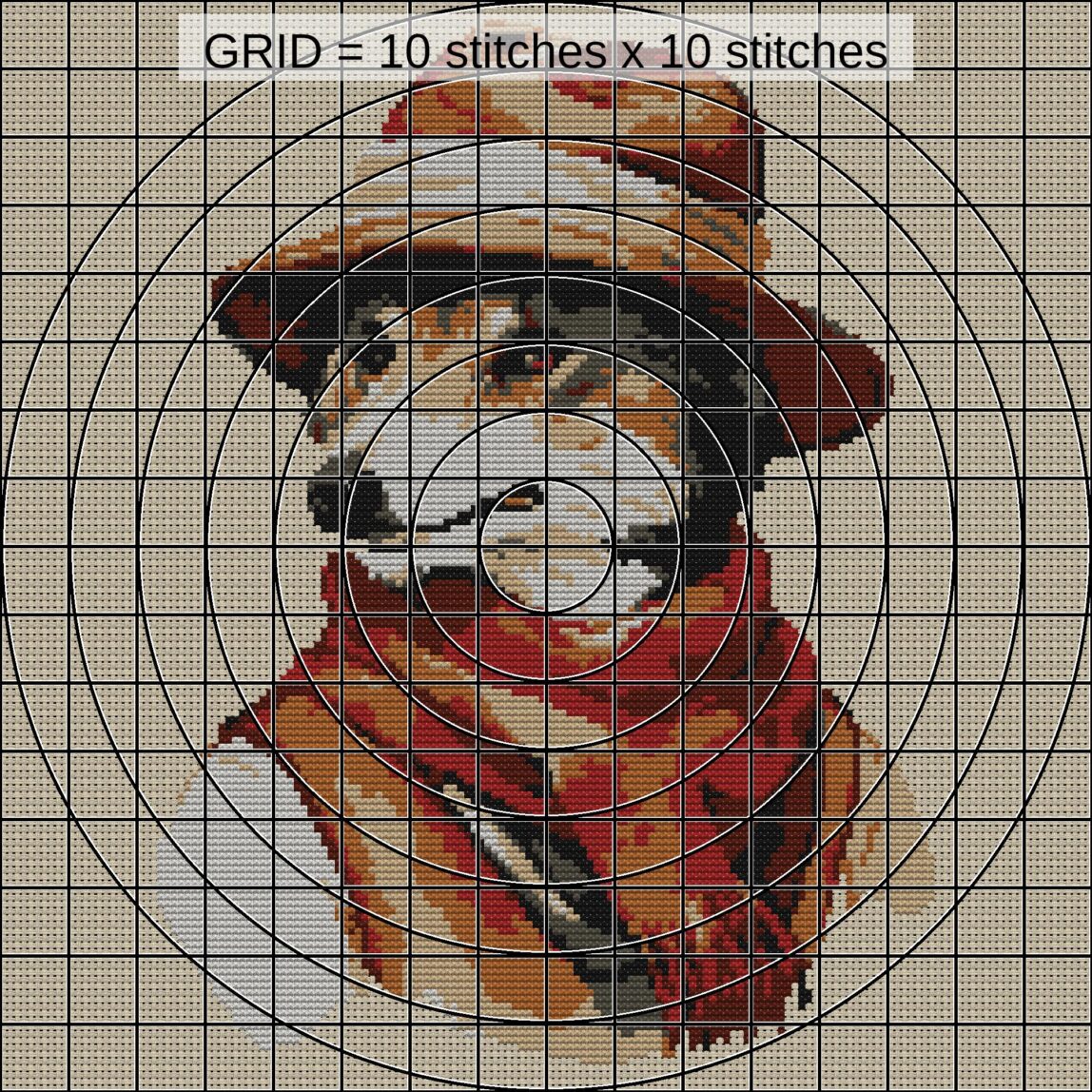 adventurer-wolf-portrait zoomed stitching detail adventurer-wolf-portrait close-up cross stitch detail showing color changes, confetti areas and stitch texture
