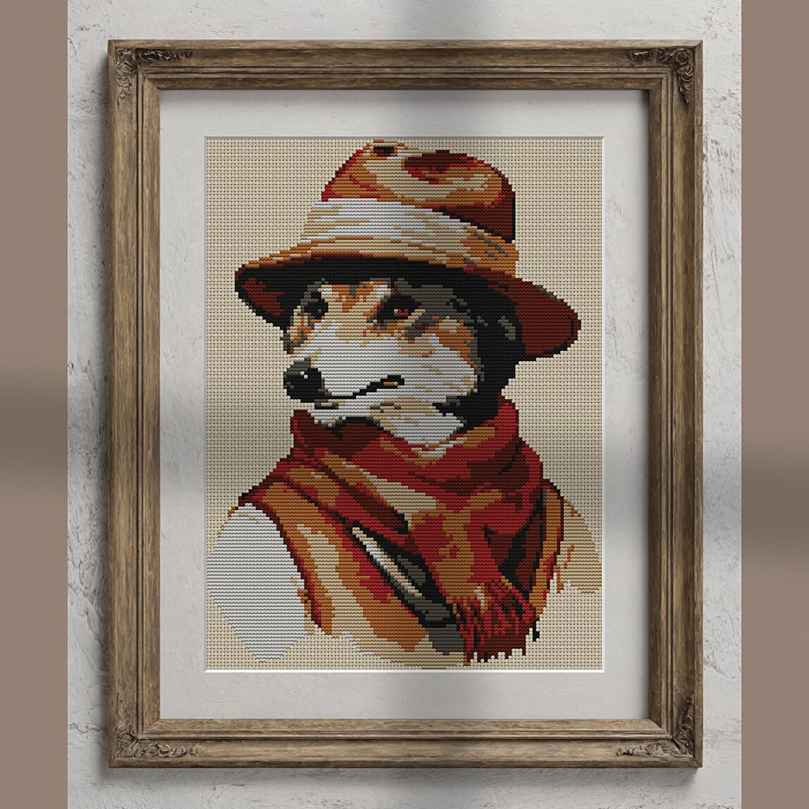 adventurer-wolf-portrait alternative framed mockup adventurer-wolf-portrait alternative framed cross stitch mockup, realistic finished embroidery presentation
