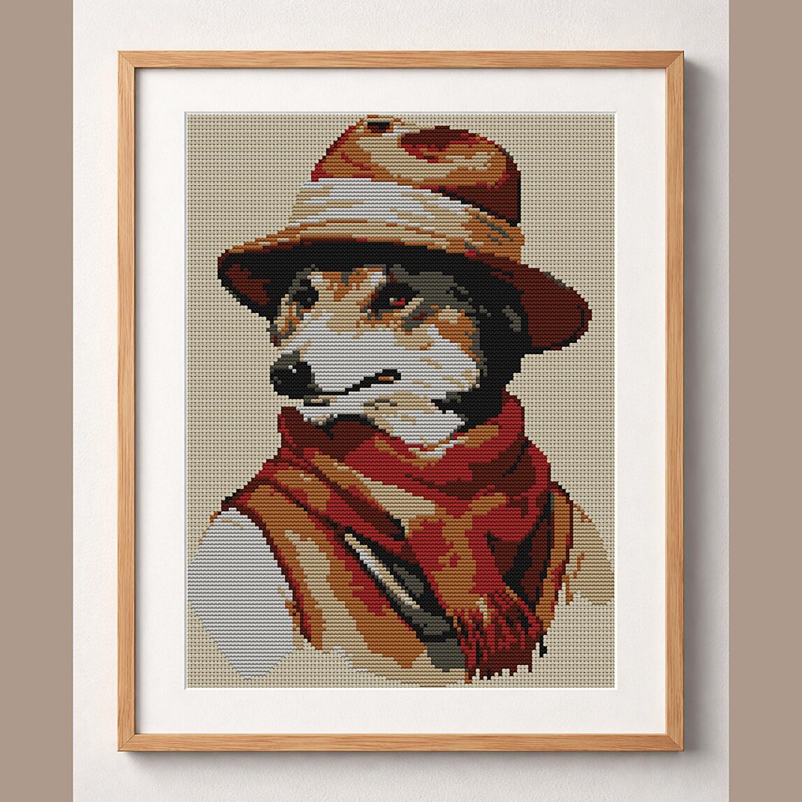 adventurer-wolf-portrait framed cross stitch mockup adventurer-wolf-portrait framed cross stitch mockup, realistic finished embroidery design, PDF pattern digital download