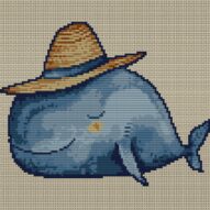 sleepy-whale-straw-hat full cross stitch design mockup without frame, realistic embroidery preview