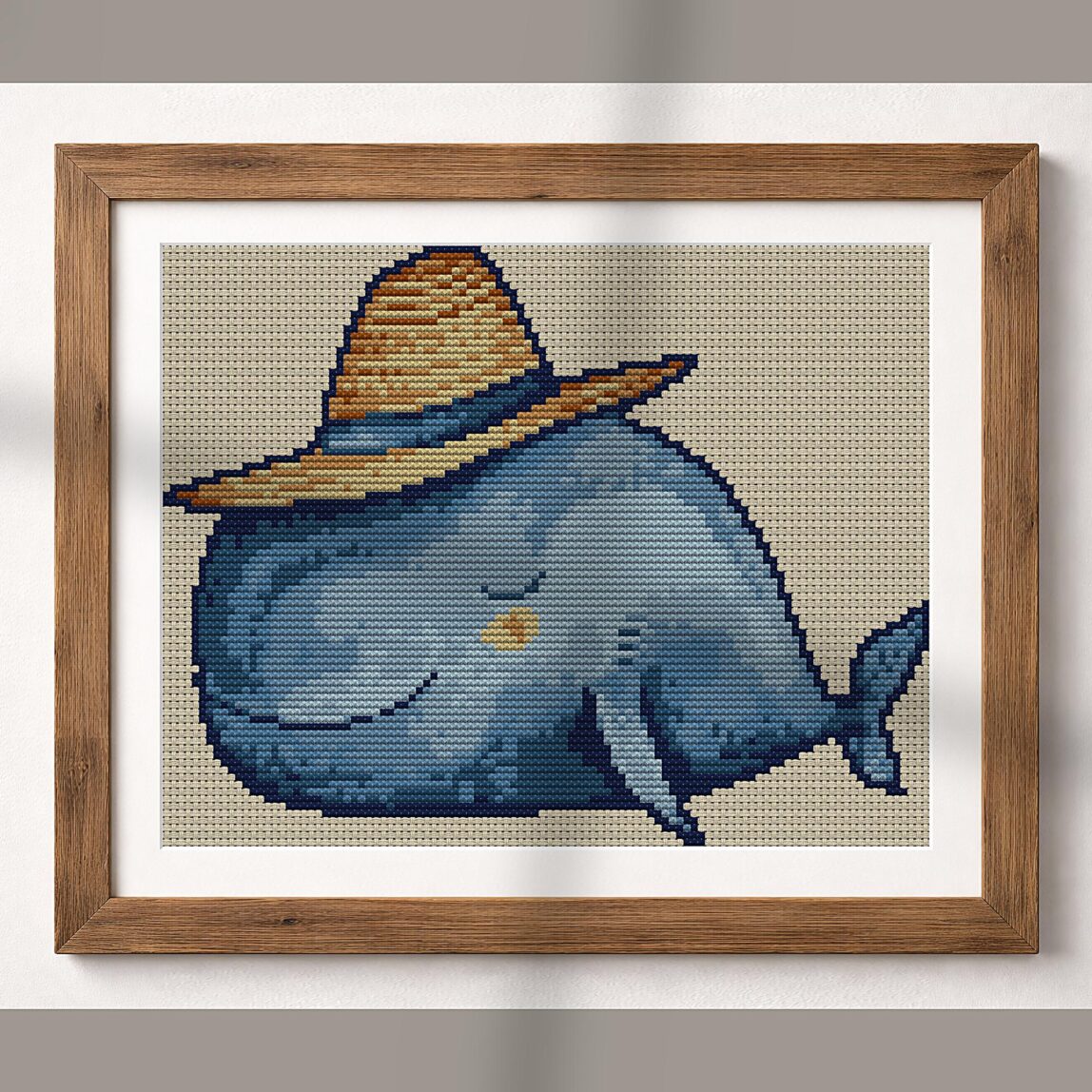 sleepy-whale-straw-hat alternative framed mockup sleepy-whale-straw-hat alternative framed cross stitch mockup, realistic finished embroidery presentation