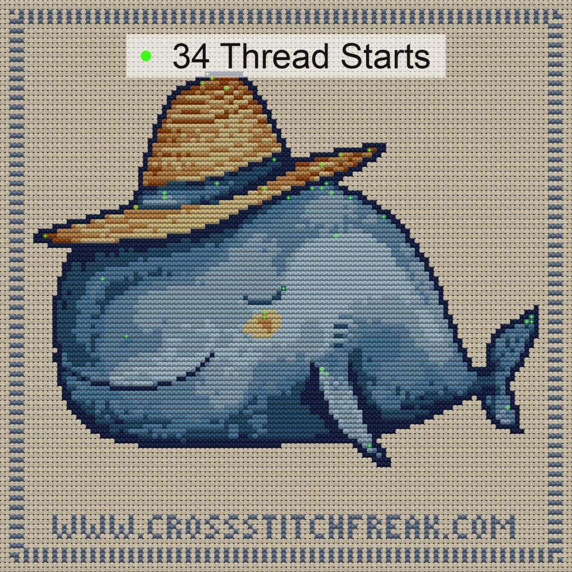 sleepy-whale-straw-hat thread start point map sleepy-whale-straw-hat cross stitch start point map with highlighted thread start positions in the full design