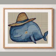 sleepy-whale-straw-hat framed cross stitch mockup, realistic finished embroidery design, PDF pattern digital download