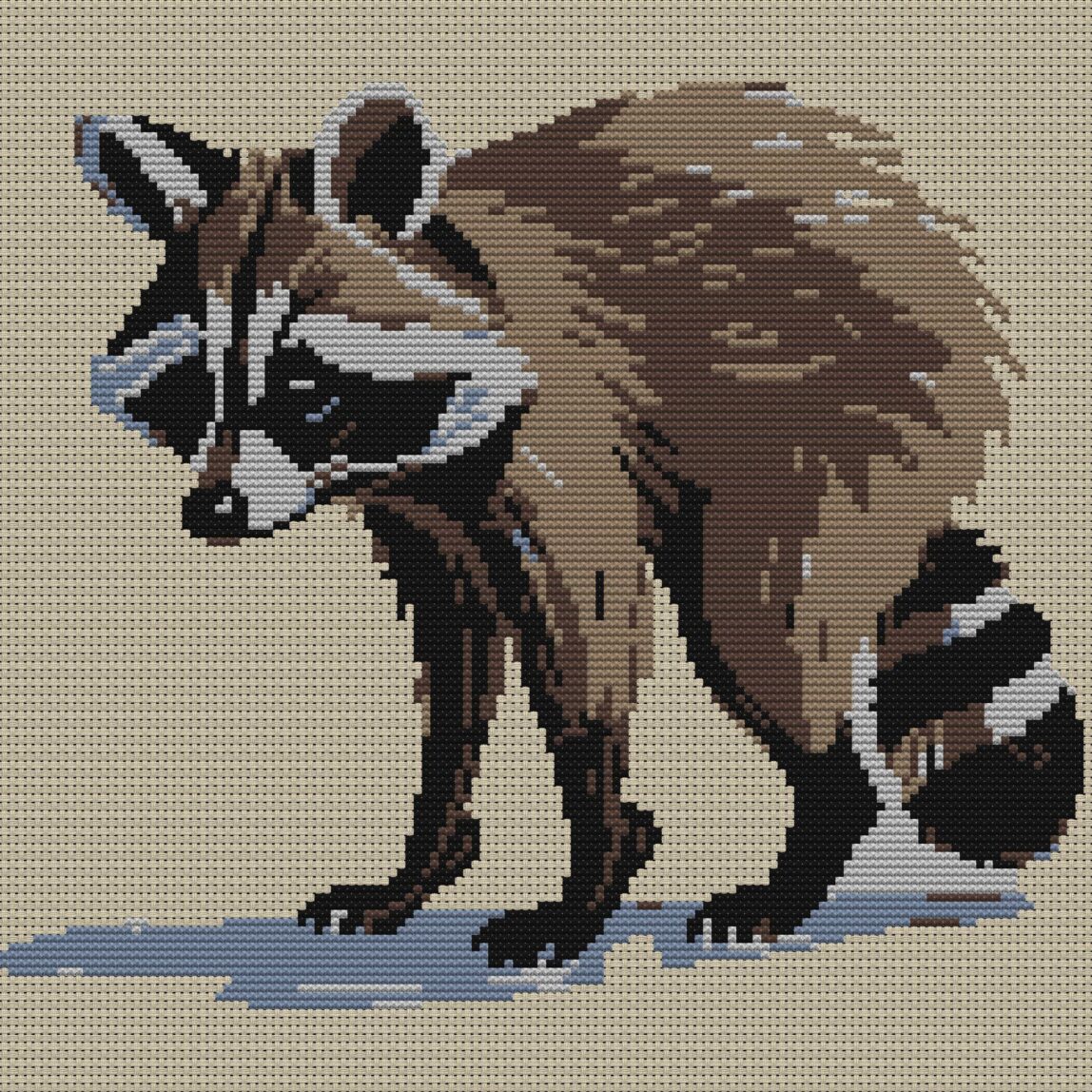 anxious-raccoon full cross stitch design mockup without frame, realistic embroidery preview