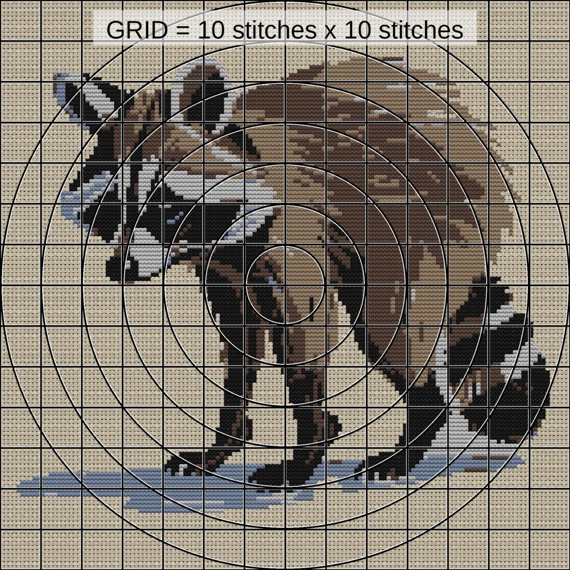 anxious-raccoon close-up cross stitch detail showing color changes, confetti areas and stitch texture