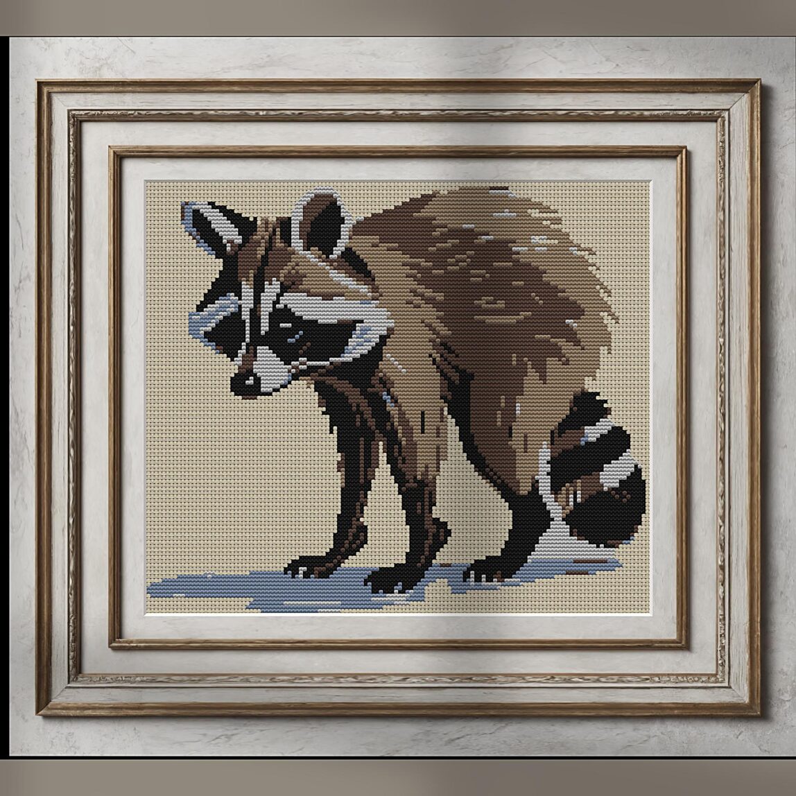 anxious-raccoon alternative framed cross stitch mockup, realistic finished embroidery presentation