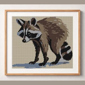 anxious-raccoon framed cross stitch mockup, realistic finished embroidery design, PDF pattern digital download