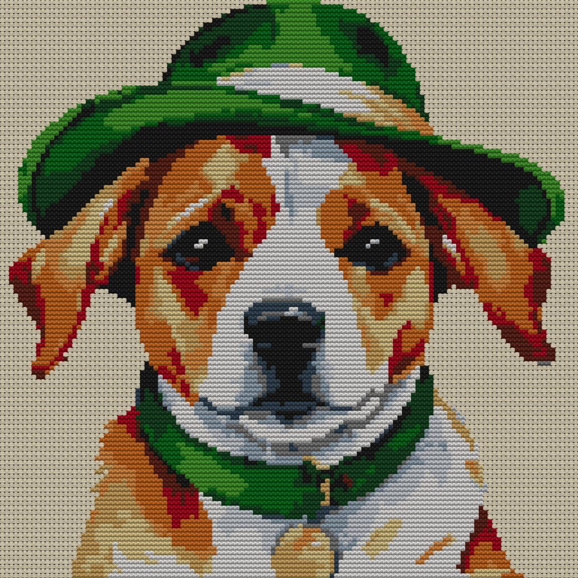 dog-green-hat full cross stitch design mockup without frame, realistic embroidery preview