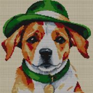 dog-green-hat full cross stitch design mockup without frame, realistic embroidery preview