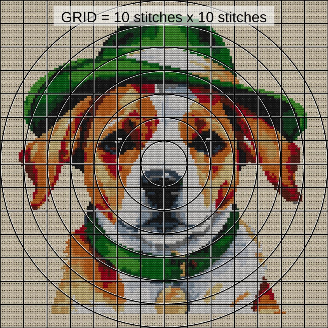 dog-green-hat close-up cross stitch detail showing color changes, confetti areas and stitch texture